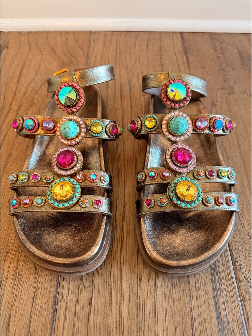 Kurt Geiger London Gold Sandals with Multicolor Gemstones